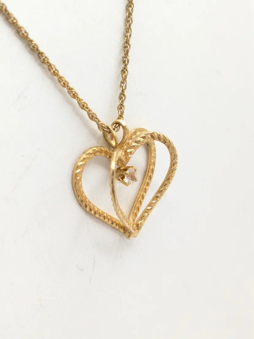 Vintage Double Heart Rhinestone Pendant Gold Tone Necklace