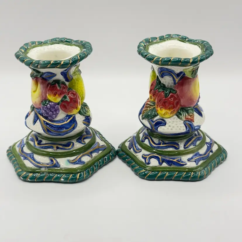 Vintage Italian Fruit Motif Ceramic Candle Holders, Set of 2, By Fitz and Floyd, Made in China
