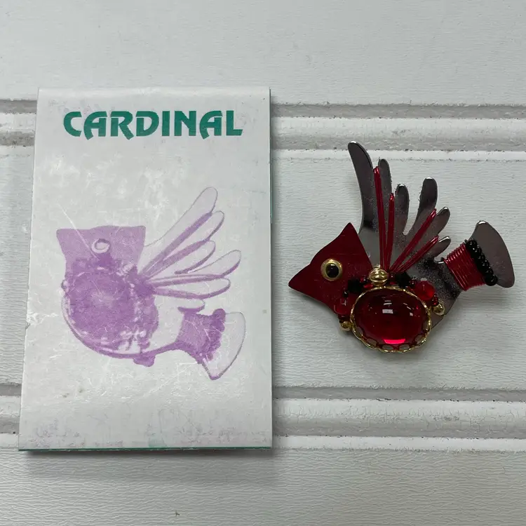 Vintage Liztech Red Cardinal Bird Hand-Crafted Brooch