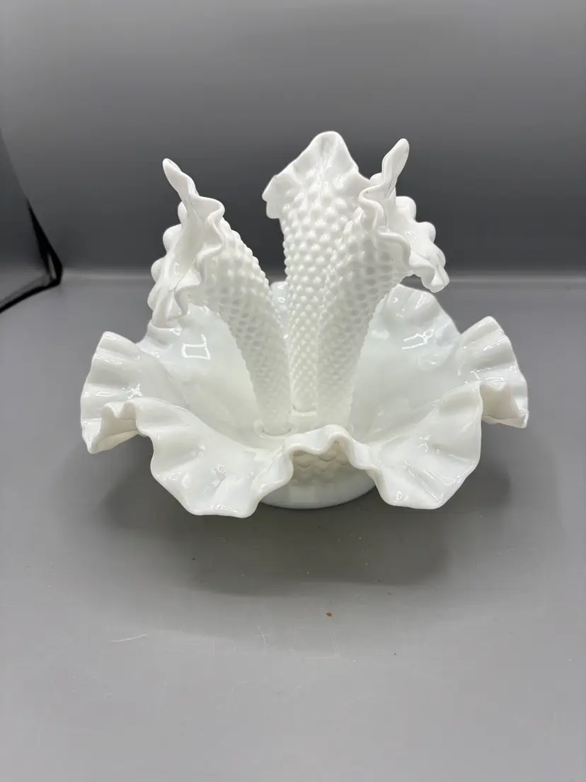 Vintage Fenton milk glass hobnail Epergne with 3 removable horns