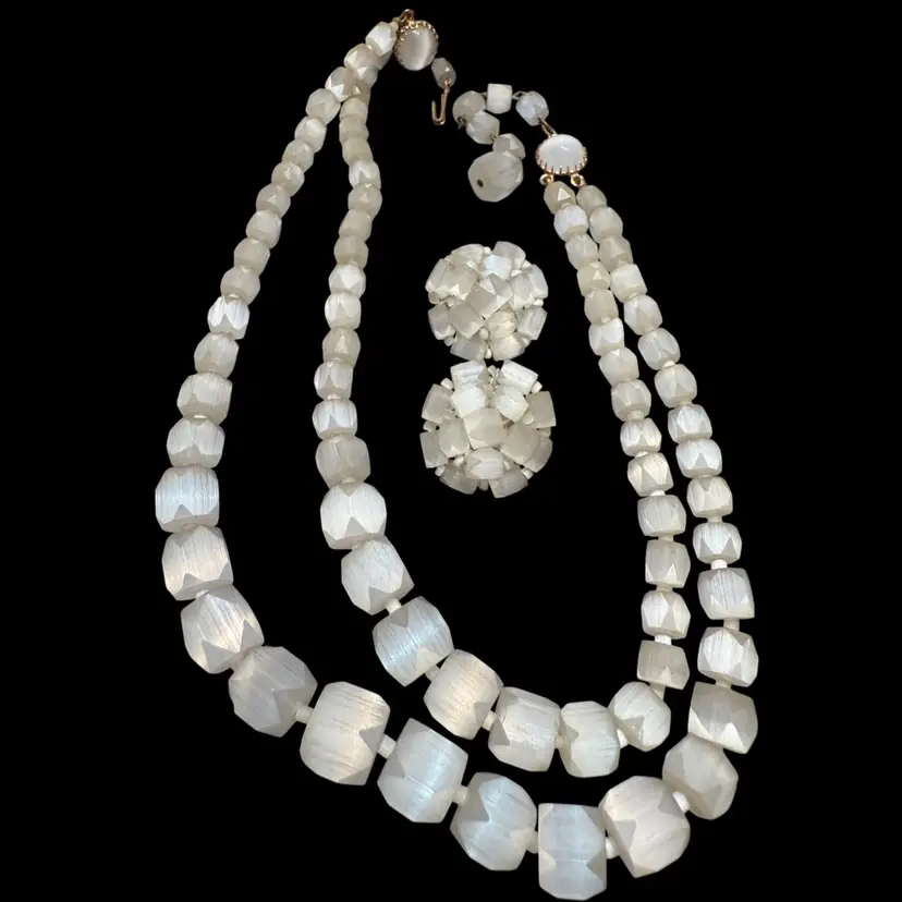 Vintage Selenite Vintage Two Layer Necklace  And Clip On Earrings - 1930s-1950s