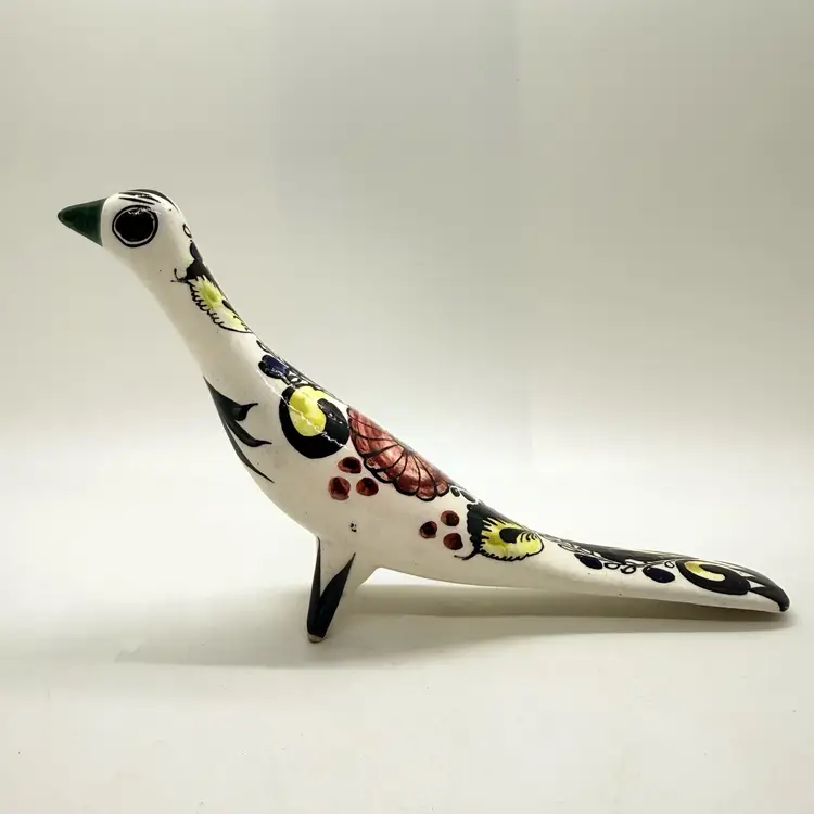 Vintage Talavera Mexico Hand Painted Pottery Floral Dove Bird 9" Skinny Folk Art