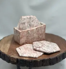 Vintage Natural Stone Pink Marble Alabaster Hexagon Coaster Set With Holder