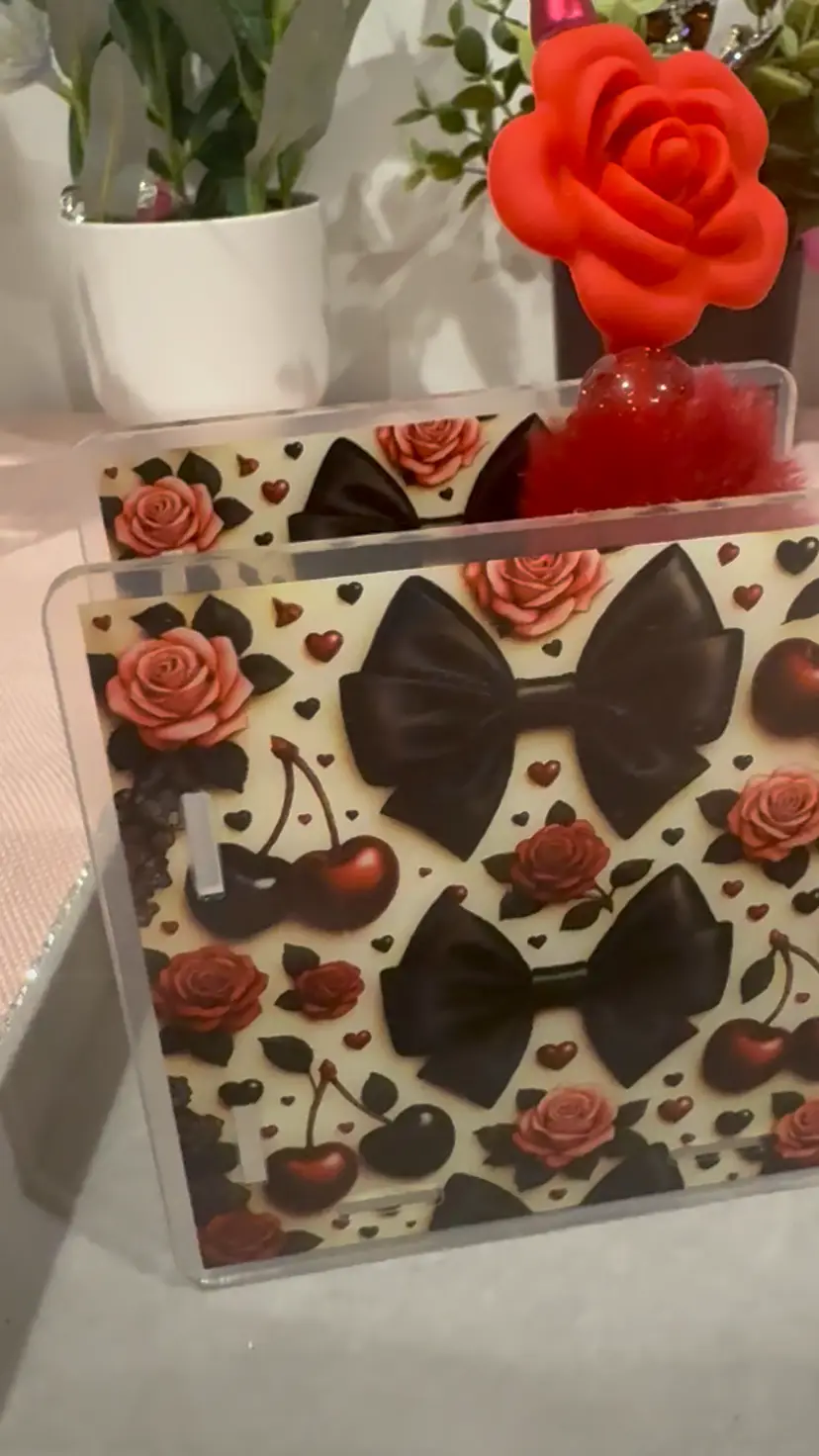 Acrylic Pen Holder With Beadable Refillable Pen Rose Flower Floral Gift