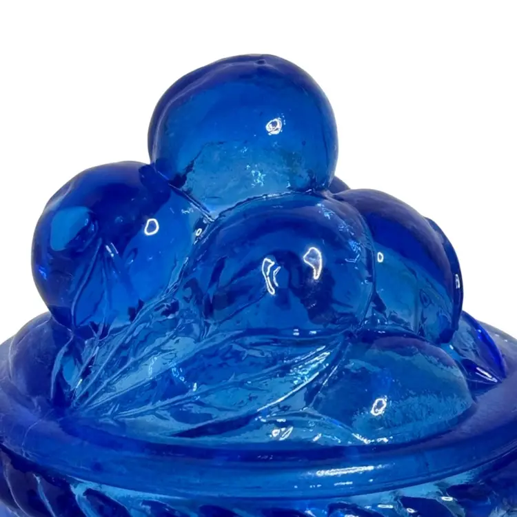 Vintage 1960's Cobalt Blue Pressed Glass Grape Cluster Jelly/Jam Jar Server w/ Lid 
4-3/4” T x 3-1/2” W