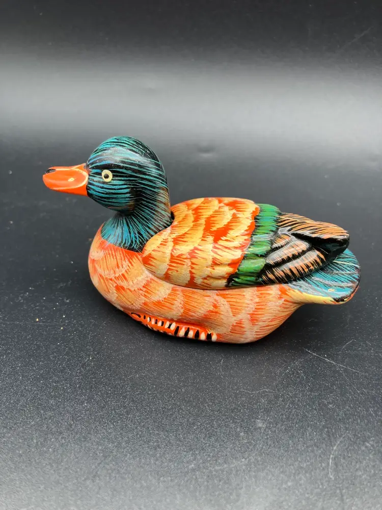 BIN - Painted Ceramic Duck Figurine And Trinket Box - 3.875”