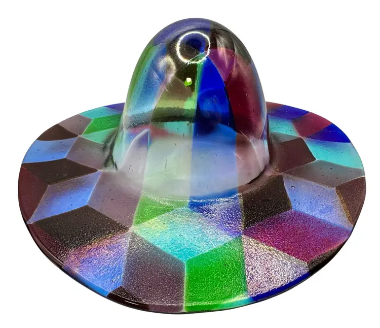 Signed Fused Art Glass Cowboy Wide Brimmed Hat Sculpture Geometric Pink Blue 9”