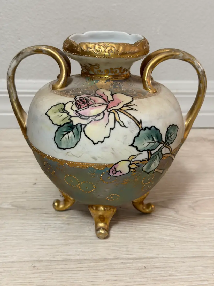 Nippon Porcelain Hand Painted Vase Blue Maple Leaf Mark 19th Century