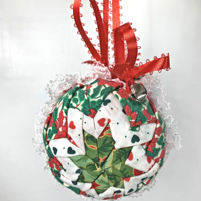 Quilted Holiday Star Christmas Ornament Handmade Ball Country Farmhouse Vintage