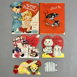 Vintage DAMAGED Lot Of 5 Valentine Die Cut Cards Kids Lion Dog Coffee