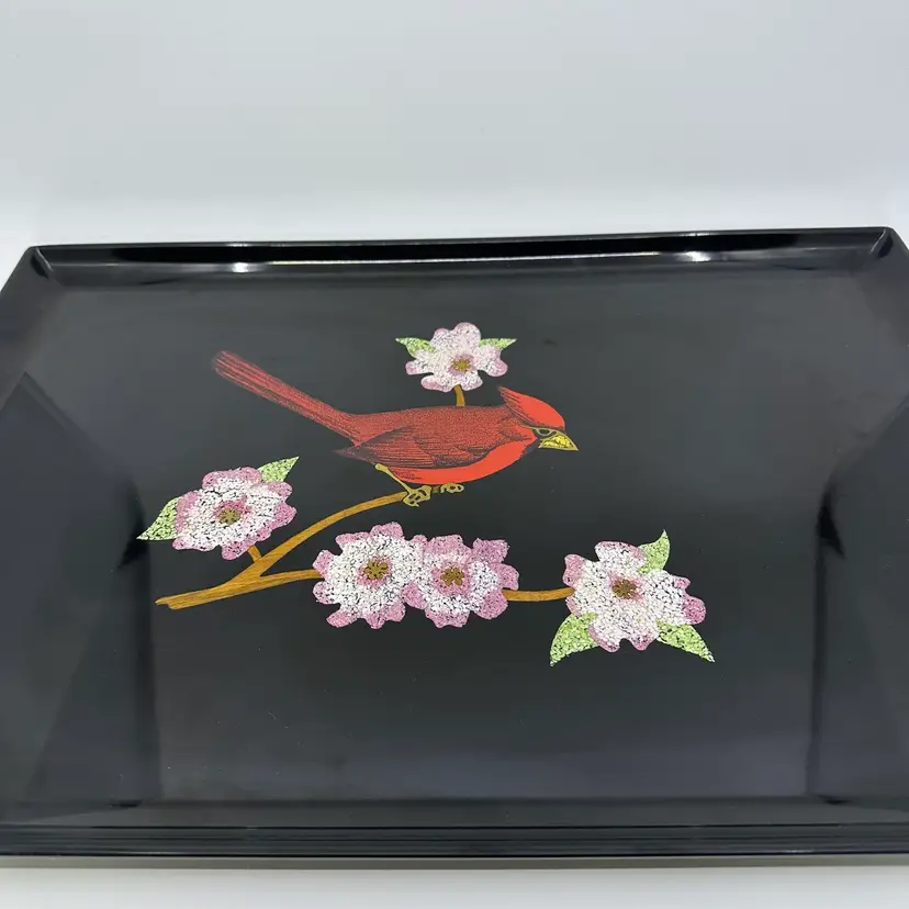 Couroc of Monterey California LARGE Rectangle Barware Tray With Cardinal And Florals
