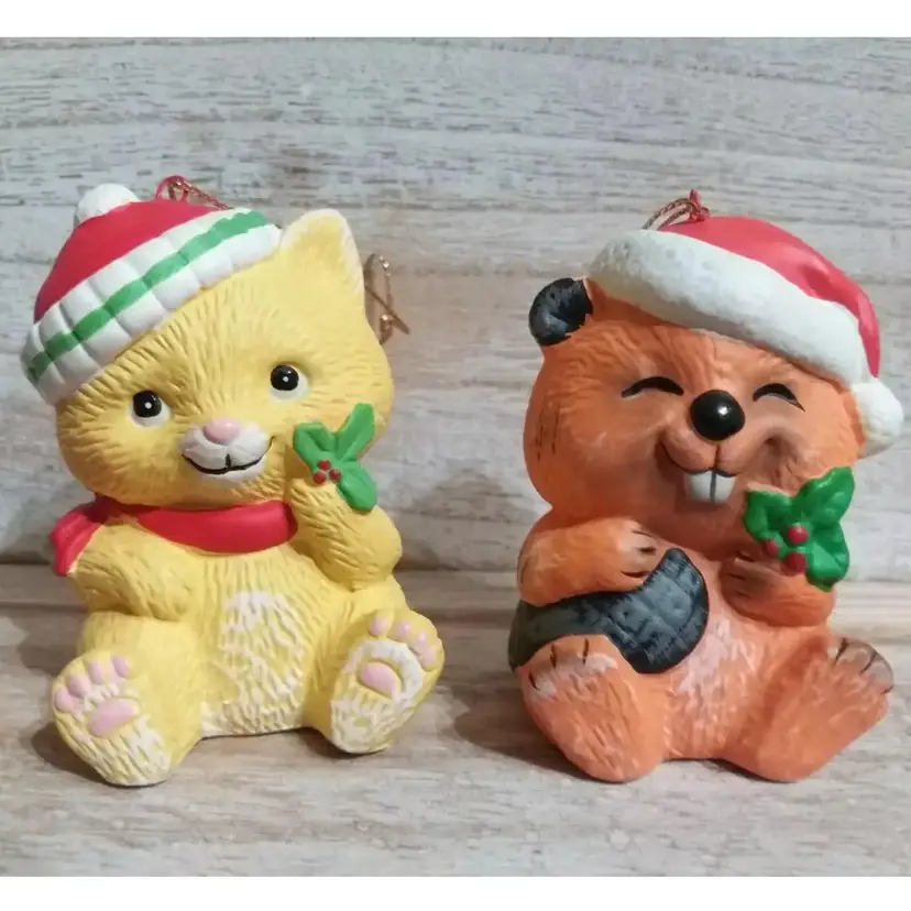 Vintage Christmas Enesco Critter Sitters Cat & Beaver Holiday Ornaments