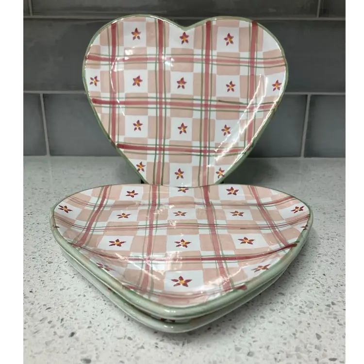 MESA International Pink Blush Green Check Heart Shaped Pottery Plates-set of 3