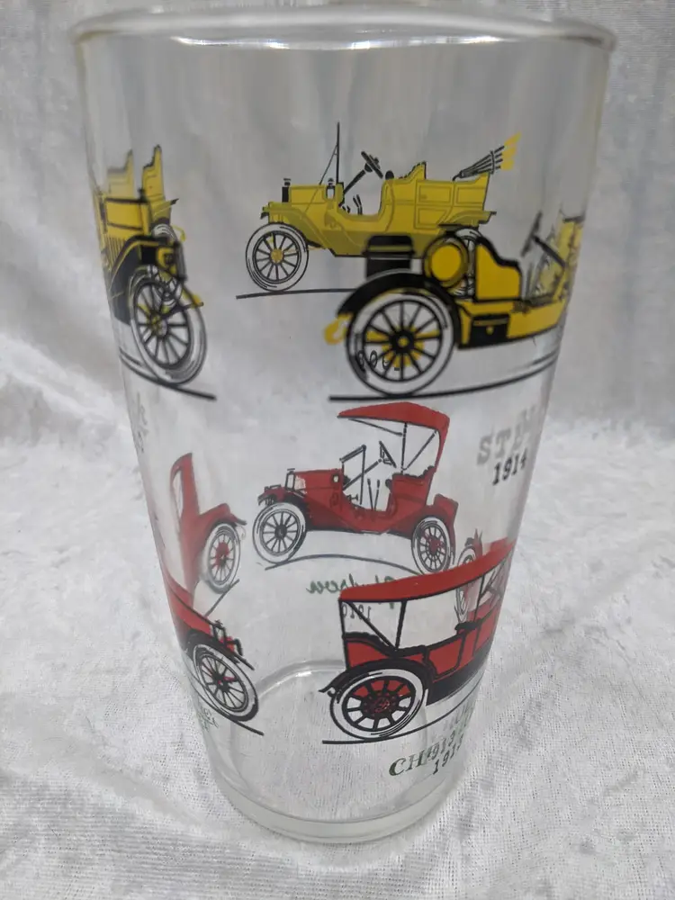 Vintage Hazel Atlas Classic Car Cocktail Mix Glass Autos Ford Hudson Stutz 6.5"Large Drink Ice Coffee