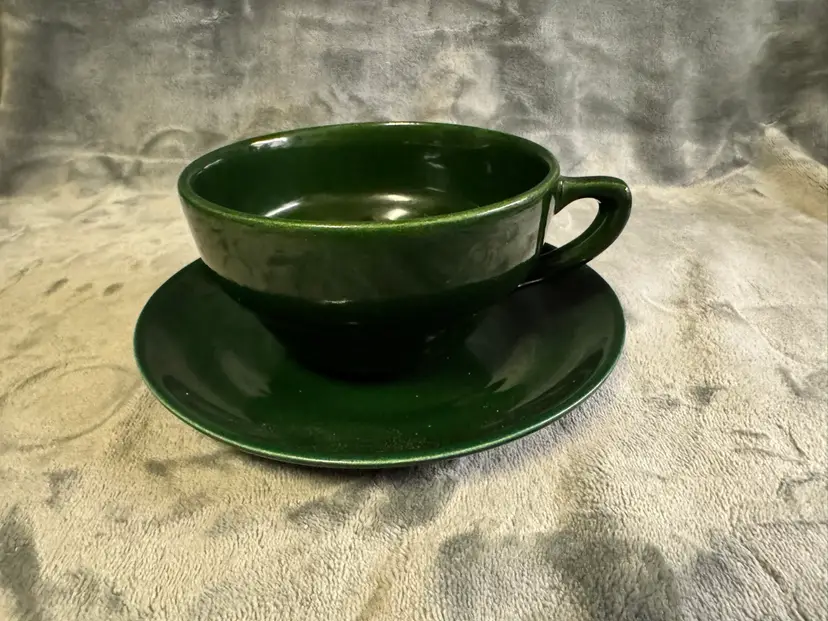 Vintage Large Hand Thrown Studio Art Pottery Coffee Soup Mug Cup & Saucer Green
