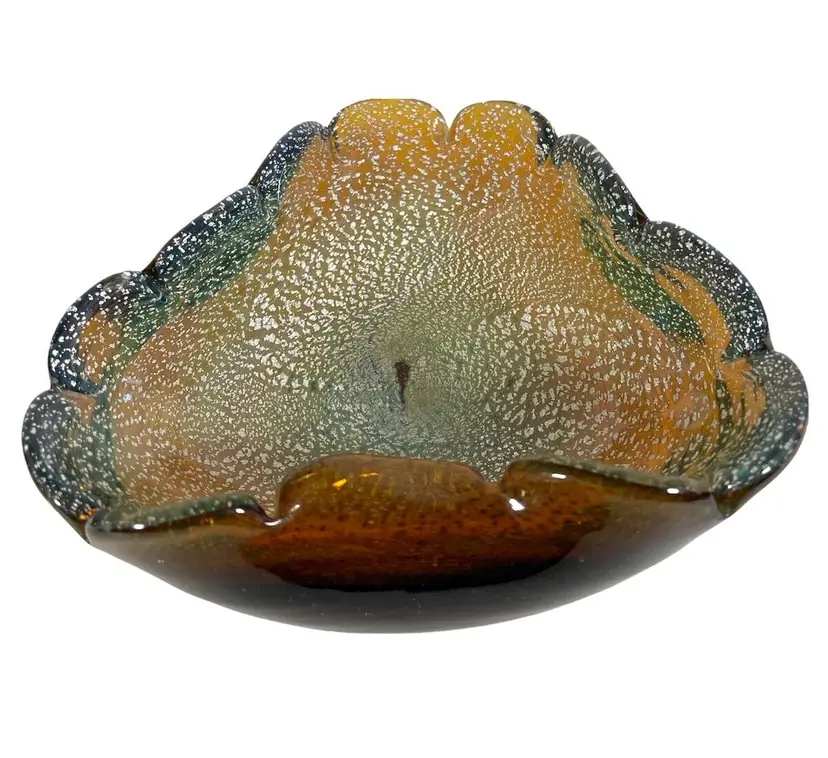 Vintage Art Glass Bowl Ashtray MCM Cased Amber With Silver Handkerchief Cigar