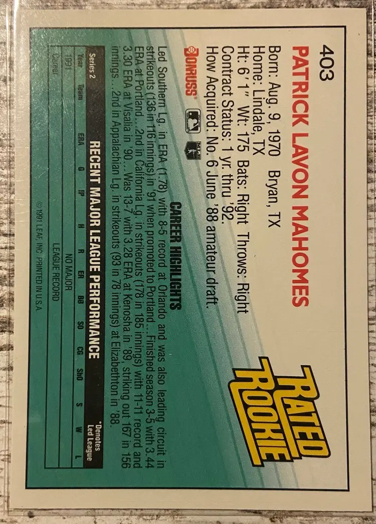 1992 Donruss - Rated Rookie Pat Mahomes #403 (RC)