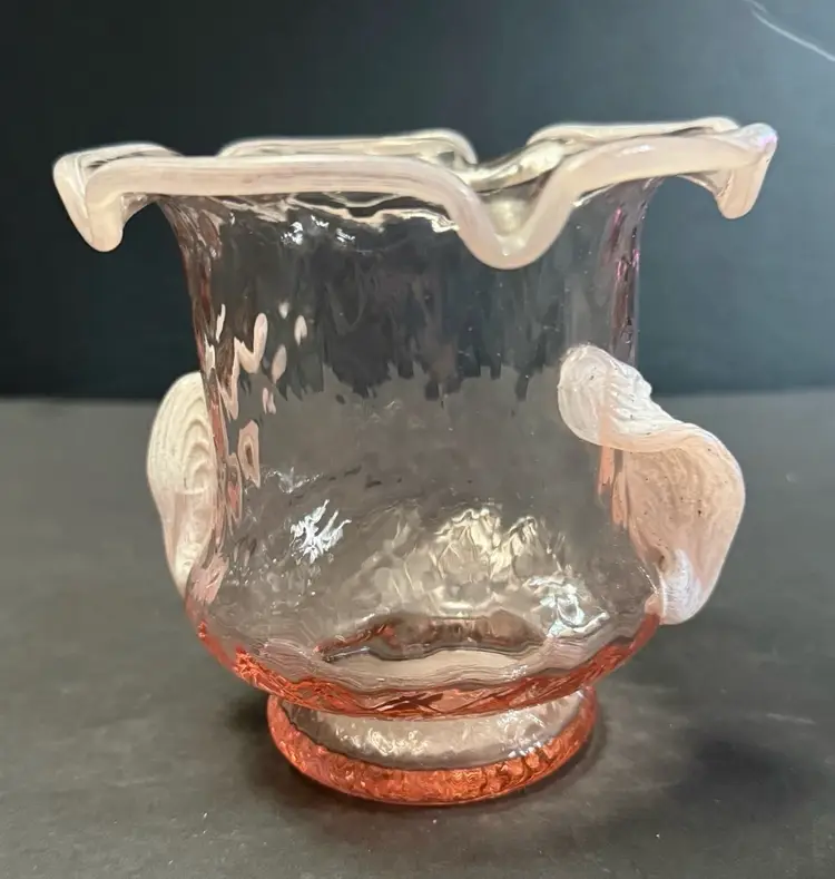 Vintage Handblown Pink Glass With Applied Light Pink/White Pedals/Handles Vase