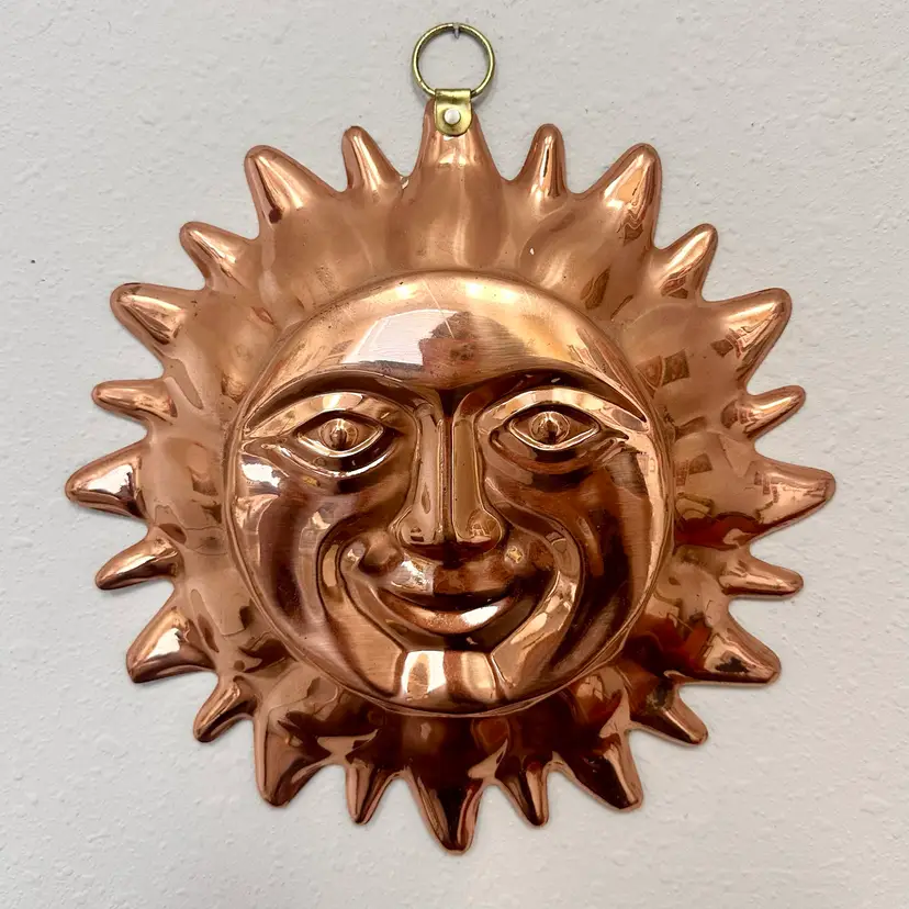Vintage Copper And Brass Smiling Sun Face Wall Hanging Mold Y2K Celestial Decor