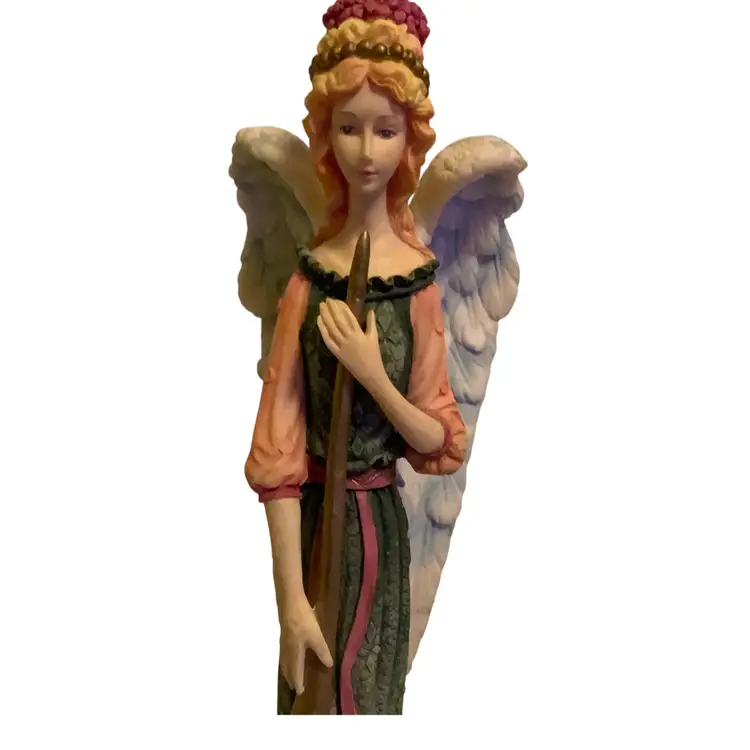 32. Gorgeous 12.5” Tall Angel Figurine Wearing Grassy Green Color Dress And Holding A Gold Color Musical Instrument