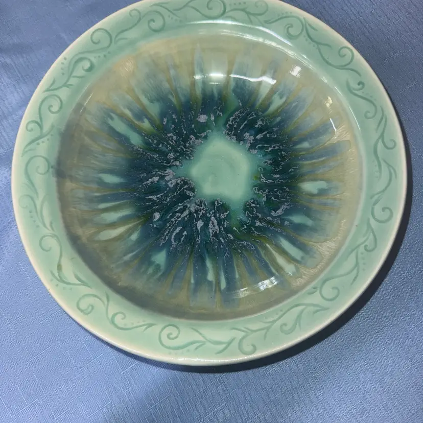 Studio Art Pottery Bowl Hand Thrown Footed Green Teal Blue 9.5"