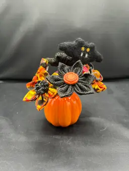 Made By Me Fabric And Button Flowers And Needle Felted Bat In Ceramic Pumpkin Shaker