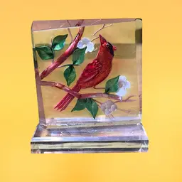 27. WALD Signed Lucite Sculpture Cardinal Bird Blossom Branch Reverse Painted