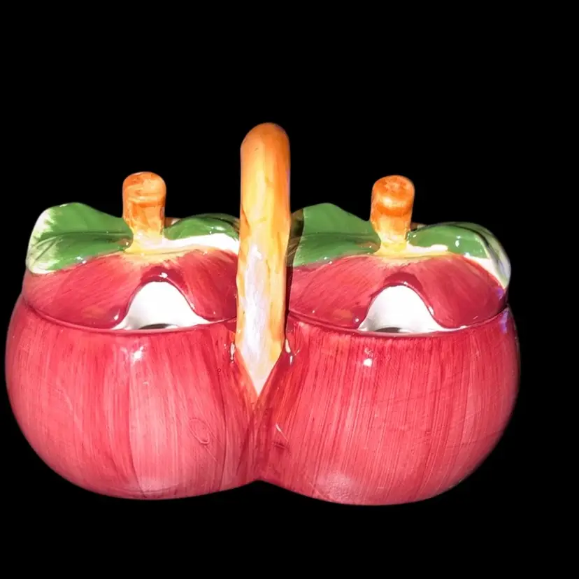 Vintage Ceramic Double Condiment Apples With Notched Lids