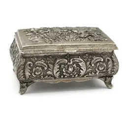 Vintage Silver Metal Trinket Box Footed Made in Japan Floral Design Red Lining