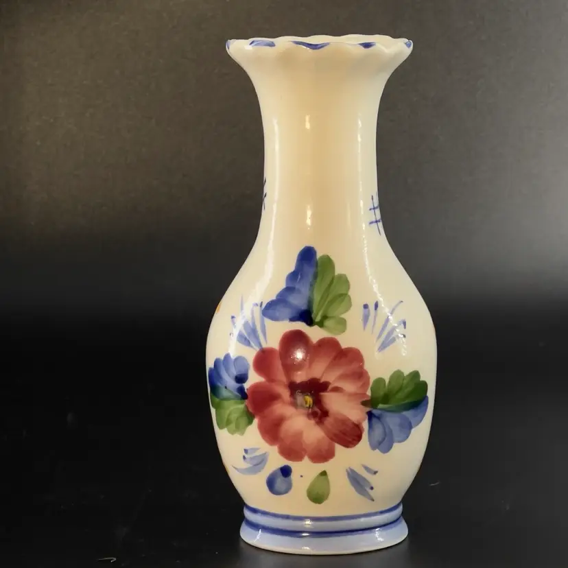 6” Pottery Vase Hand Painted Red Flower Blue Trim