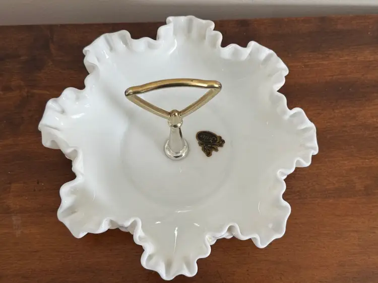 Vintage Fenton Hobnail Milk Glass Tidbit Tray Or Bon Bon Dish With Metal Handle