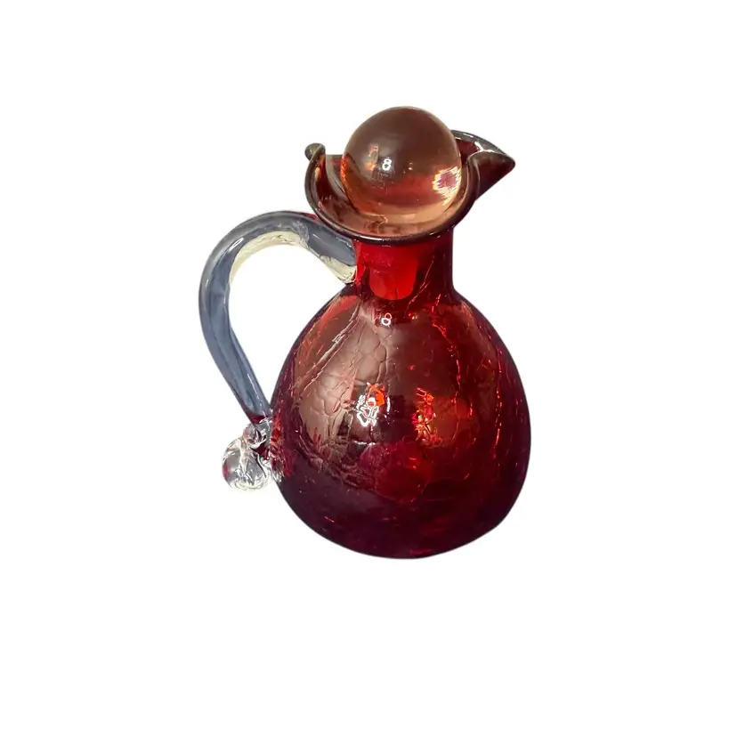 Vintage Handblown Red Art Crackle Glass Handled Cruet MCM 4”