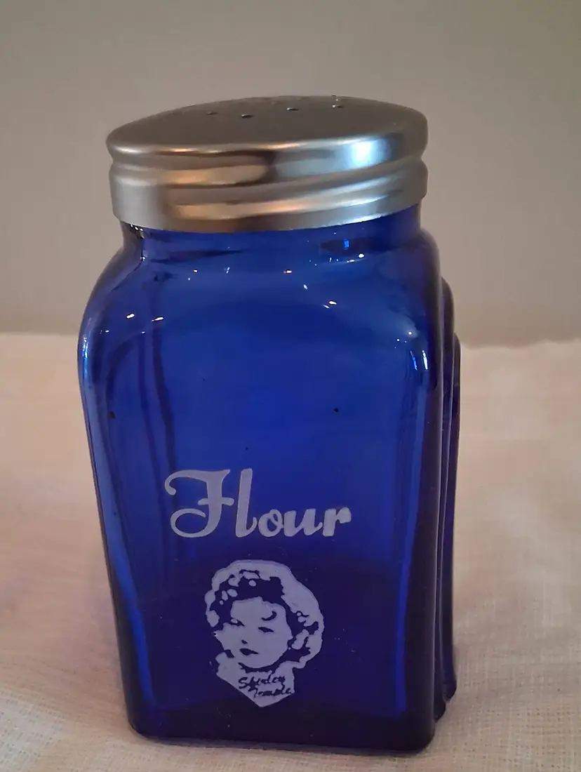 Vintage Mosser Cobalt blue Shirley Temple Flour shaker - 4.5 inches