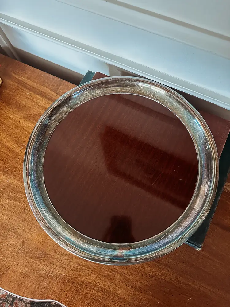 Crescent Wood Grain Formica Laminate Round Serving Tray w/ Silver Plate Rim