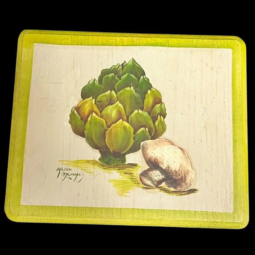 Artichoke & Mushroom Hand Painted On Wooden Plaque By Arlene Michaels- 1976 Ready To Hang- 8.5” x 7”