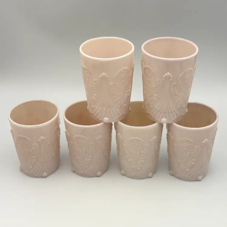 Vintage Dugan Inverted Fan And Feather Slag Custard Rose Opalescent Pink Glass Tumbler 6pcs