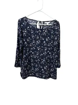 038.  Laura Conrad Blue Floral Bell Sleeve Top Size Large