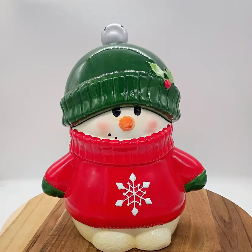 Hallmark Ceramic Cookie Jar Christmas 2012 Snowman In Hat & Sweater 11.25"