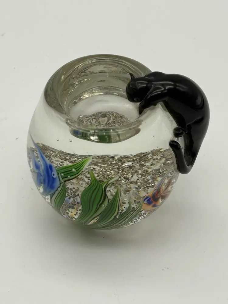 Vintage CORREIA Signed Paperweight Cat Looking Into Fishbowl