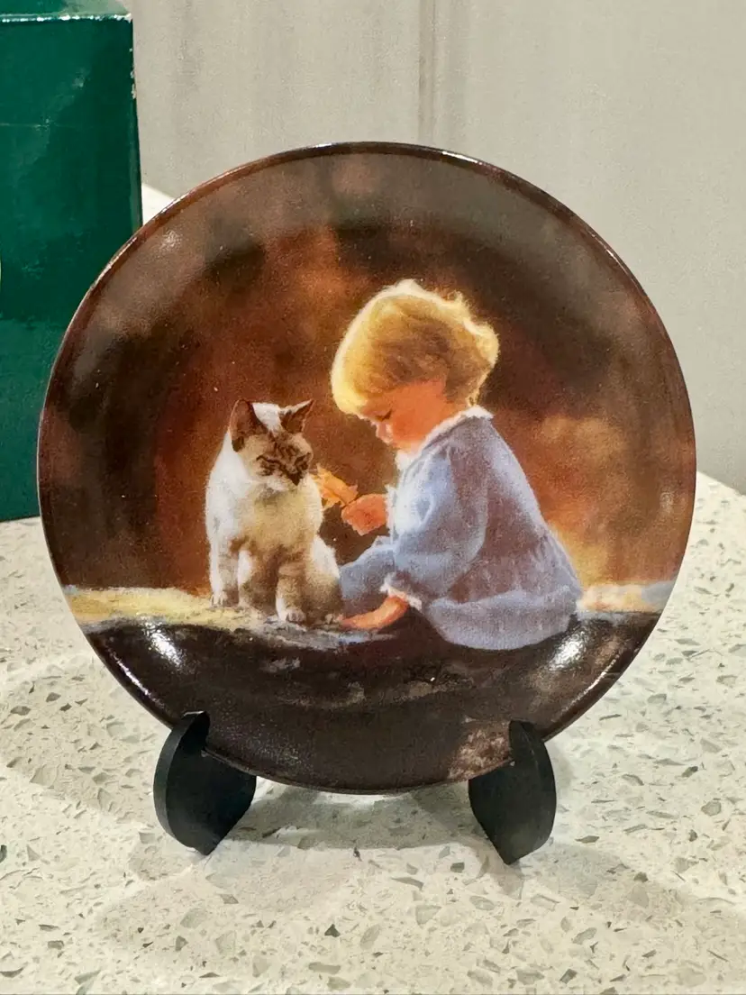 3.25” Butter pat, Just We Two Moments of Wonder Collector Plate by Donald Zolan, young child & cat