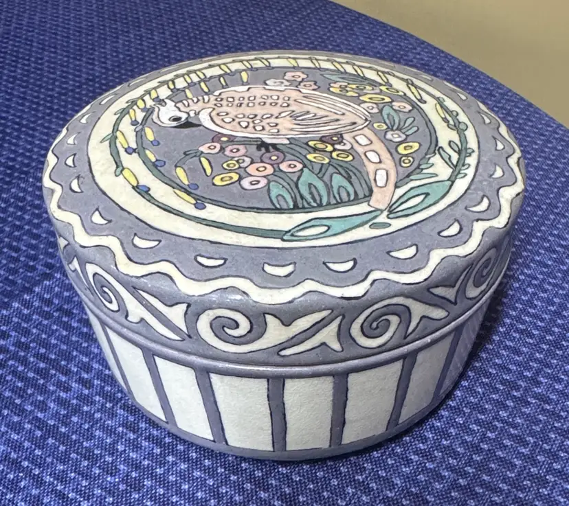 Ceramic Round Box signed DBM 1920 Bird Design Light Purple Pink and Cream 5.25”