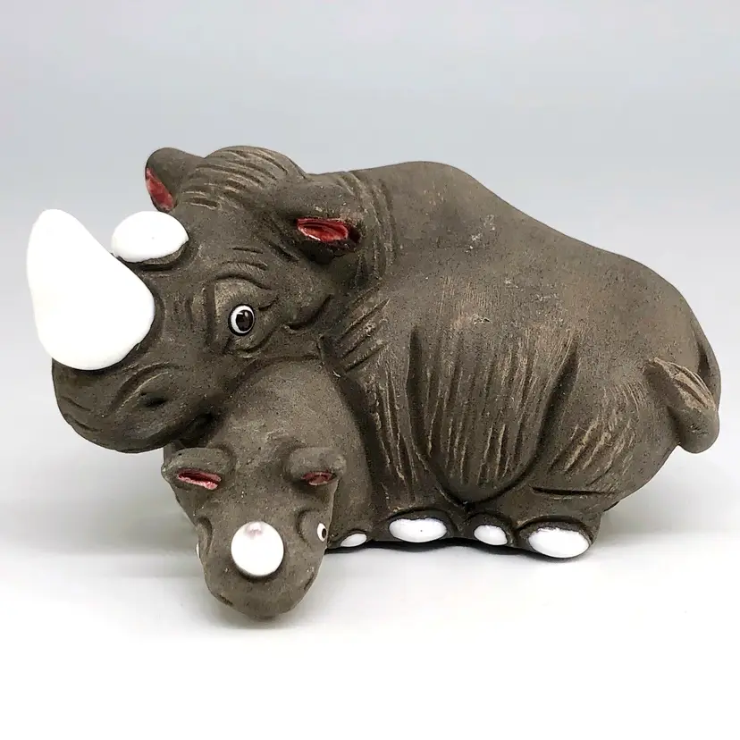 CIDCAL Pottery Mother Rhinoceros & Baby Rhino Hand-Painted Ceramic Figurine