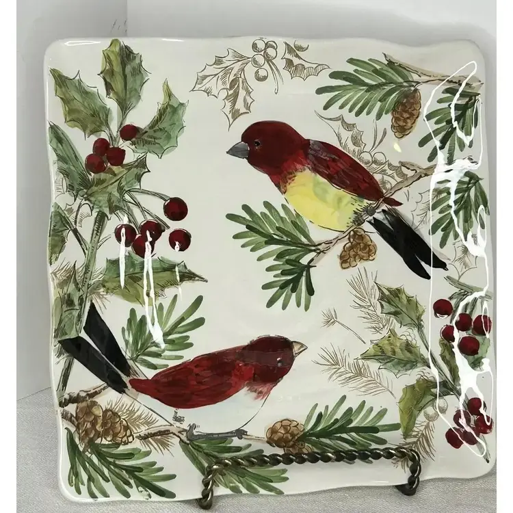 Pair Christmas Holiday Birds 11” Square Platters by Maxcera