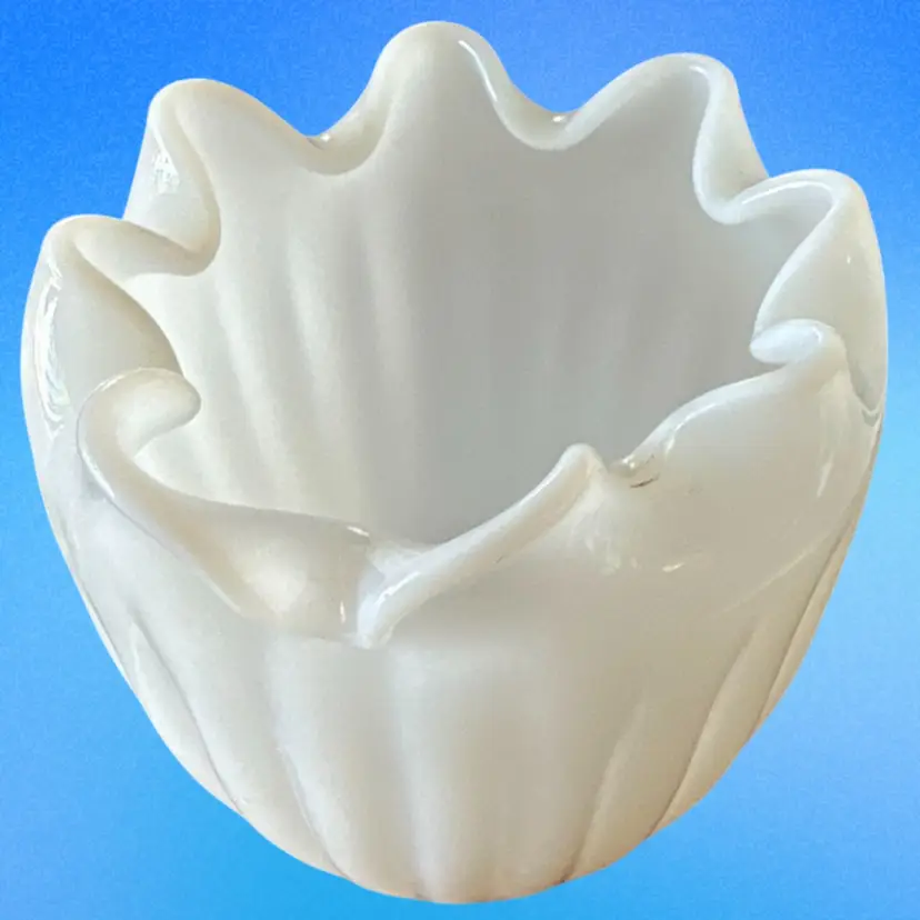 Vintage, Milk Glass Vase, Inward Pinched Ruffle Rim, Rose Bowl, Opalescent Fenton?