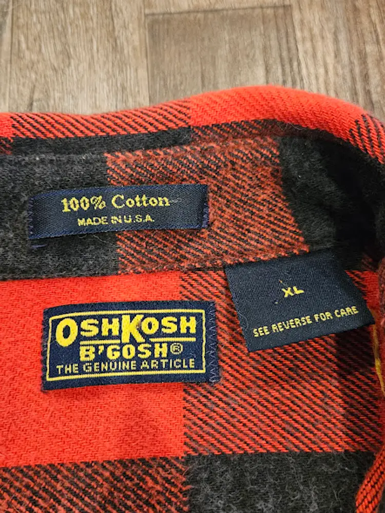 OshKosh B'Gosh VTG Shirt Men XL Red Black Buffalo Check Cotton Button Up Flannel