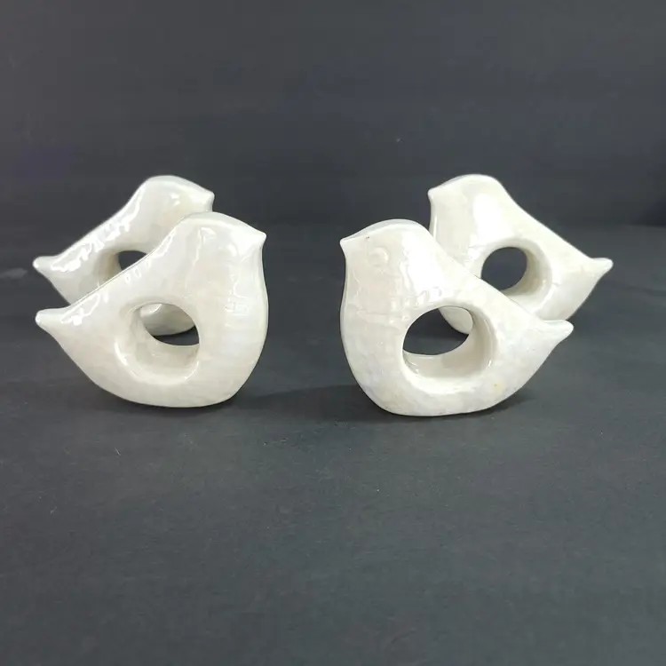 Set of 4 Ceramic White Turtle Dove Partridge Napkin Ring Holders Bird Iridescent