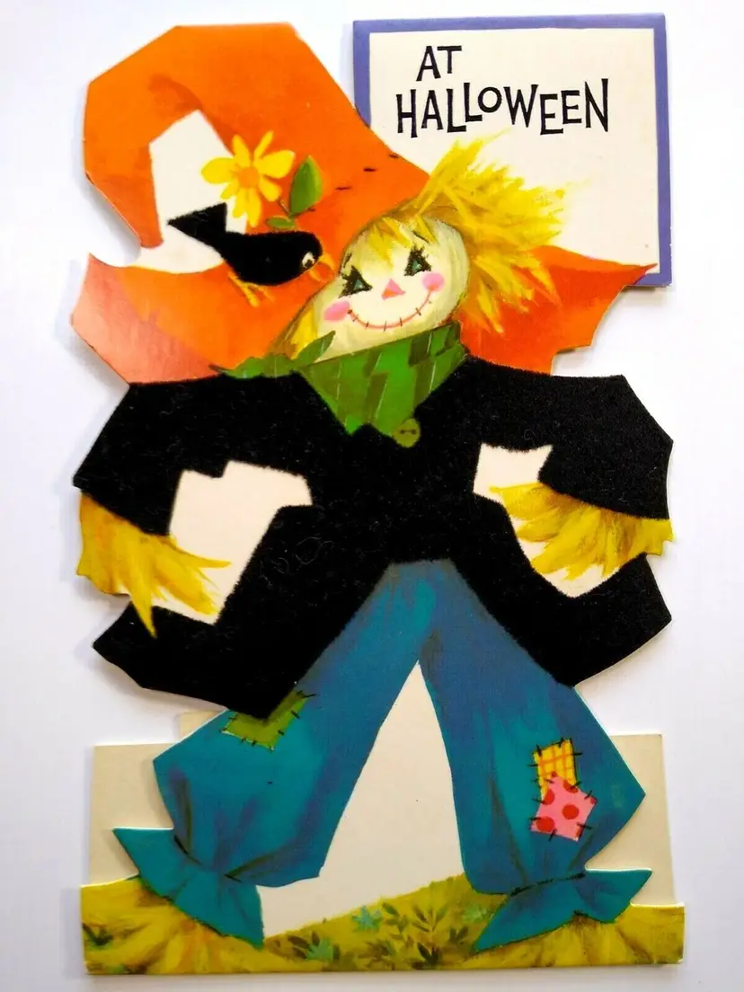 Vintage Halloween Greeting Card Flocked Diecut Standup Scarecrow & Black Bird