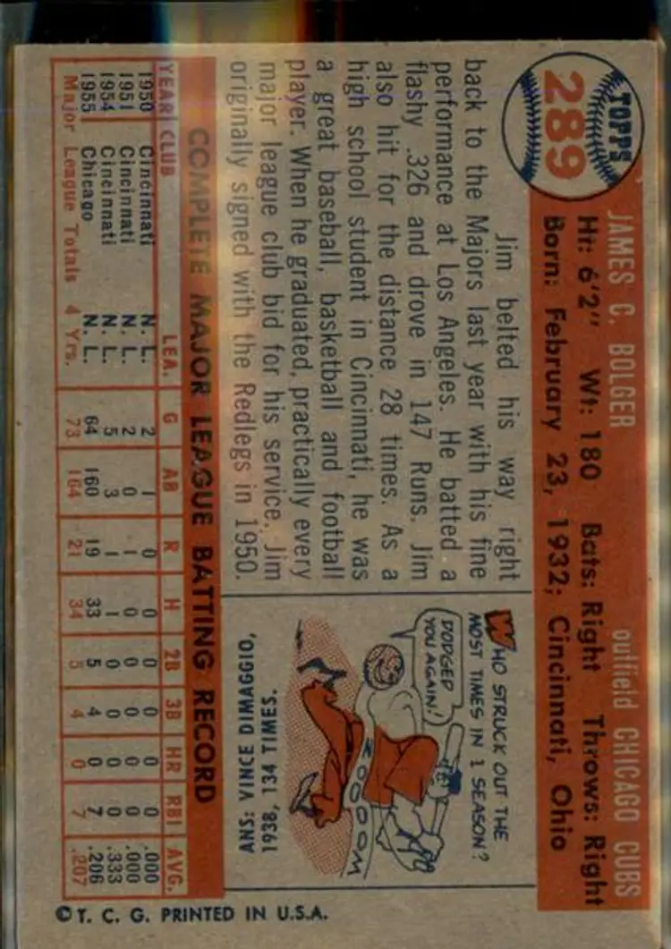 1957 Topps #289 Jim Bolger - ( pk1 ) - Chicago Cubs