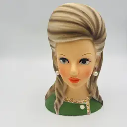 Vintage Lady Head Vase Enesco Japan Blonde Hair Green Dress Pearl Earrings 1950s