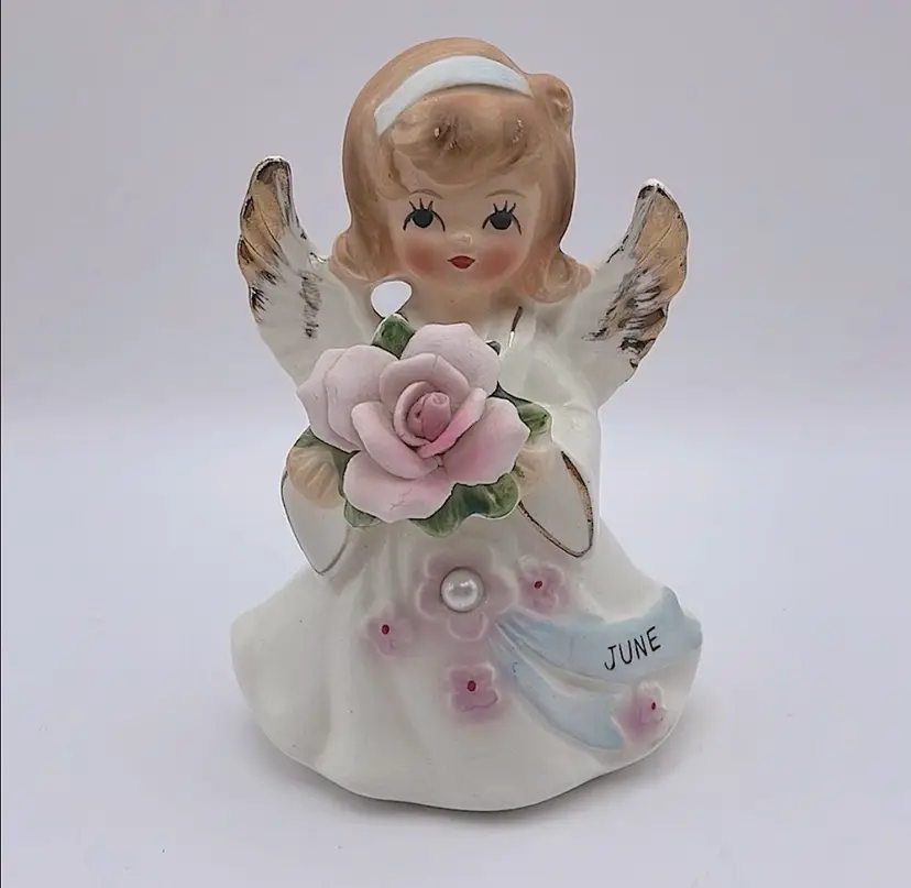 Lefton, Adorable Ceramic “June” Angel with Wings, Rose, Pearl, Original Sticker
